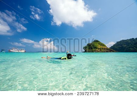 Asian Boy Swimming In Kam Beach Between Koh Kood And Koh Mak In Thailand Sea, Island In Thailand And