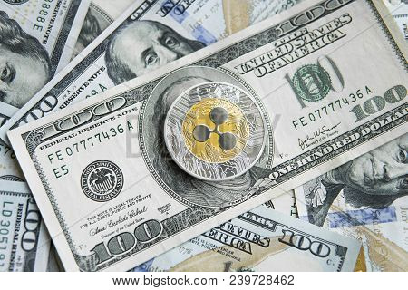 Crypto Currency Ripple Xrp And Us Dollars Money Background. Blockchain And Cyber Currency. Global Mo