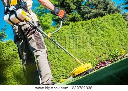 Gas String Trimmer Work. Caucasian Gardener With Power Tool In The Garden.