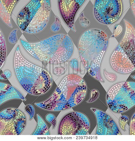 Seamless Background Pattern. Patchwork Pattern With Paisley Ornament Patterns. Ethnic Indian Style.