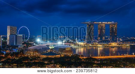 Sityscape Of Singapore City On Night Time, The Main Road And Business Center, Singapore
