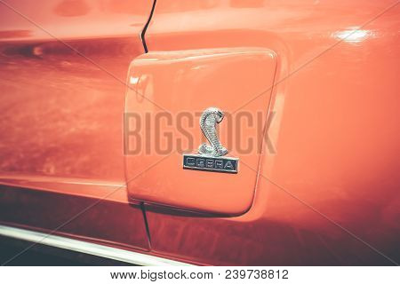 Srael, Petah Tiqwa - May 14, 2016:  Ford Mustang  Cobra Sign Close Up In Israel. Exhibition Of Techn