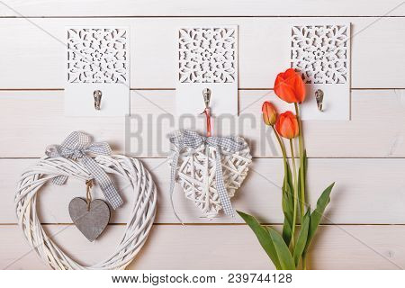 Flowers Composition. Frame Made Of Red Flowers On White Background. Valentine's Day. Flat Lay, Top V