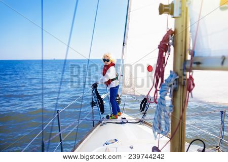 Kids Sail On Yacht In Sea. Child Sailing On Boat.