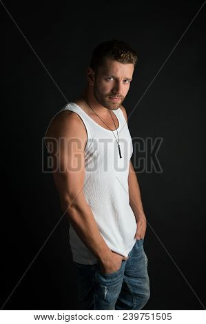 Style And Look, Barber. Fashion Model On Grey Background. Handsome Mucho Guy In Vest. Man With Unsha