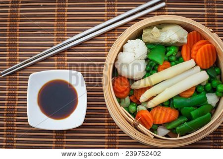Assorted Steamed Vegetables Prepared On Bambu Steamer