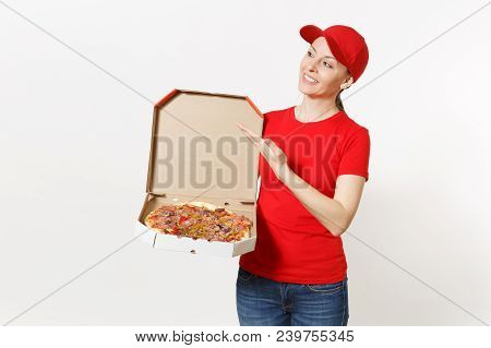 Delivery Woman In Red Uniform Isolated On White Background. Pretty Female In Cap, T-shirt, Jeans Wor