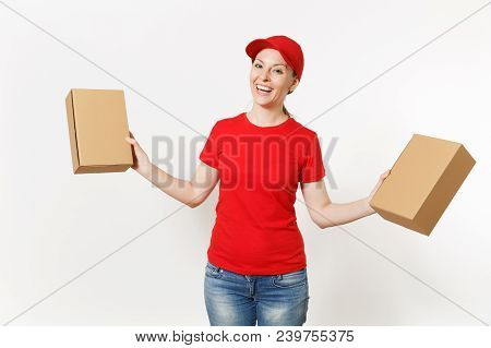 Delivery Smiling Woman In Red Uniform Isolated On White Background. Female In Cap, T-shirt, Jeans Wo