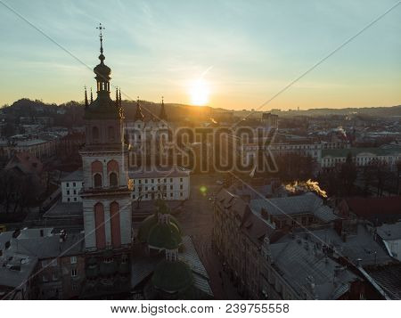 Beauty Panoramic View On Sunrise Over Old European City