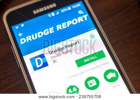 Ryazan, Russia - May 04, 2018: Drudge Report Mobile App On The Display Of Cell Phone