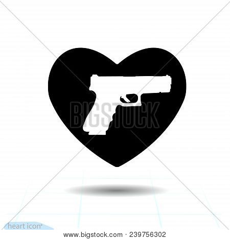 Heart Vector Black Icon, Love Symbol. Pistol Gun In Heart. Valentines Day Sign, Emblem, Flat Style F