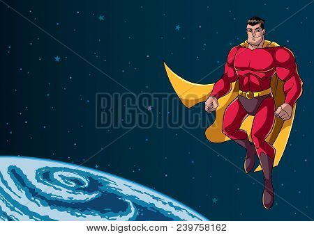 Full Length Illustration Of Happy Cartoon Superhero Wearing Cape And Red Costume While Flying In The