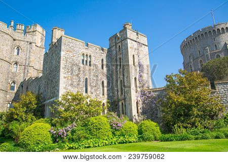 Windsor, Uk - May 5, 2018:   View At The Medieval Windsor Castle, Built 1066 By William The Conquero