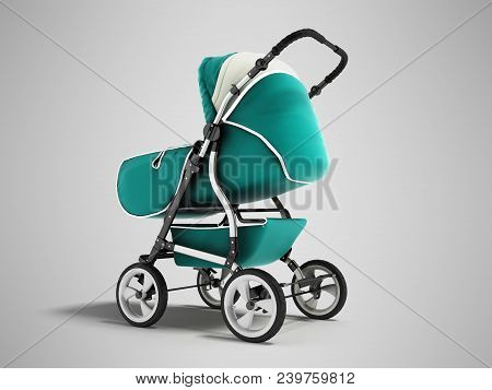 Modern Baby Stroller With Dome Against The Rain And Wind Blue With White Insets 3d Render On Gray Ba