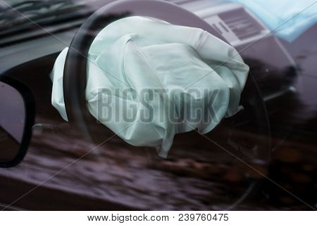 Airbag Exploded At Car Accident. Car Crash And Airbag Worked Well. View Through Closed Window
