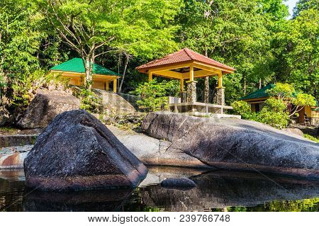 Pavilion On Rocks In Tropical Mountain In Rainforest. Langkawi Island, Malaysia