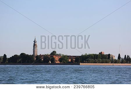 Ancient Bell Tower In The San Lazzaro Degli Armeni Island Near Venice In Italy In The Venetian Lagoo