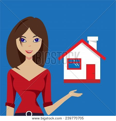 Girl Advertises House. Concept Of Selling A House. Sell A House. Vector Illustration For Advertising