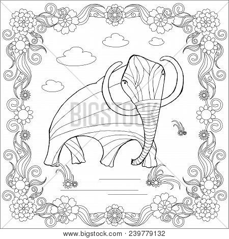 Monochrome Sketch Mammoth In Floral Frame, Coloring Page Antistress Stock Vector Illustration For Pr