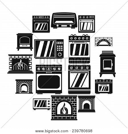 Oven Stove Furnace Fireplace Icons Set. Simple Illustration Of 16 Oven Stove Furnace Fireplace Vecto