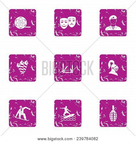Stuntman Icons Set. Grunge Set Of 9 Stuntman Vector Icons For Web Isolated On White Background