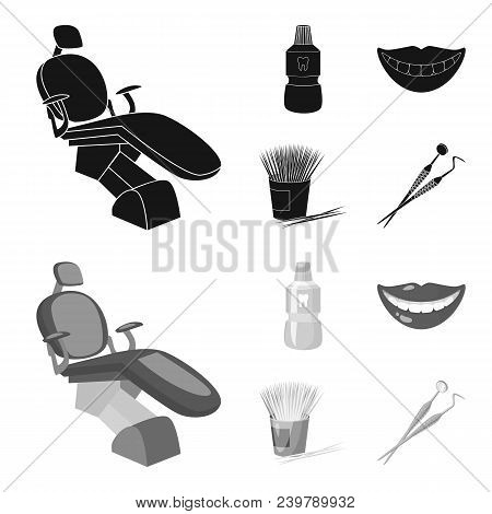 Dental Sterile Liquid In The Jar, Lips, Teeth, Toothpicks In The Jar, Medical Instruments For The De