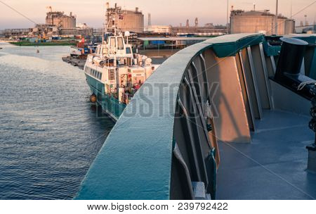Marine Vessel Is Morred Starboard Side Alongside Berth Or Quay In Port. Small Crew Boat Os Moored Fo