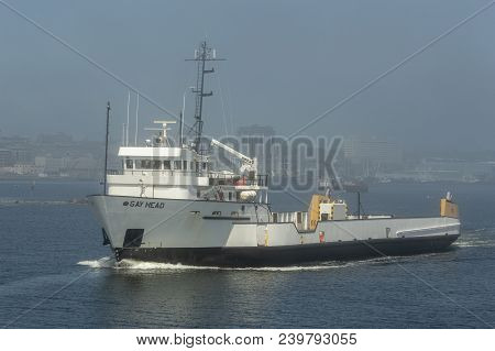 Fairhaven, Massachusetts, Usa - May 8, 2018:  Freight Vessel Gay Head In Fog On Acushnet River As Sh