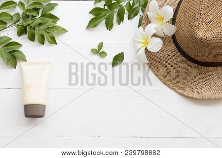 Natural Cosmetics For Skin Face Sunscreen Spf50 And Hat Of Lifestyle Woman Relax Summer