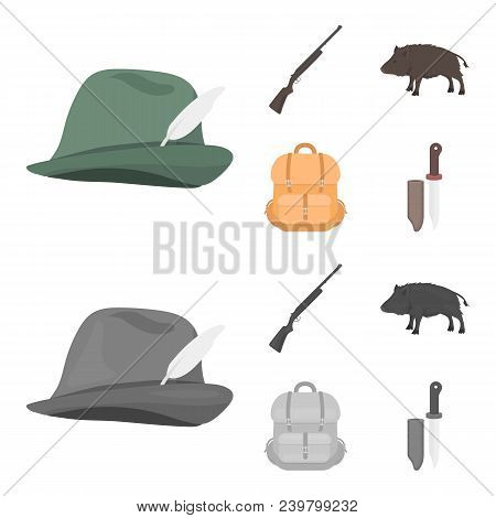 A Hunting Hat With A Feather, A Wild Boar, A Rifle, A Backpack With Things..hunting Set Collection I