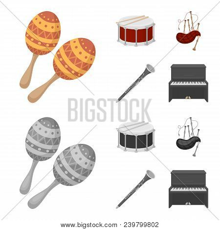 Maracas, Drum, Scottish Bagpipes, Clarinet. Musical Instruments Set Collection Icons In Cartoon, Mon