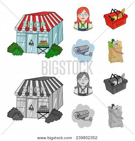 Salesman, Woman, Basket, Plastic .supermarket Set Collection Icons In Cartoon, Monochrome Style Vect