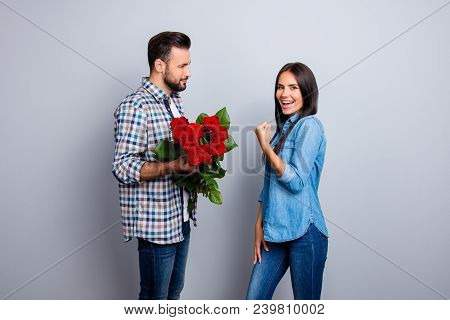 Finally, At Last He Did It! Man With Bristle Prepare Bouquet Of Red Roses To His Excited, Happy Girl