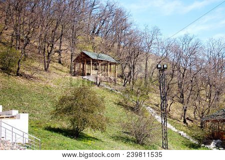 Beautiful Landscape Mountains Green Grass Open Wooden Little House Cottage Open-air Gazebo Hillside