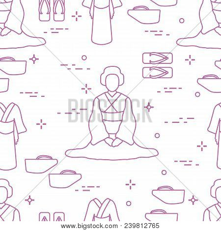 Seamless Pattern With Asian Woman, Traditional Japanese Clothing, Shoes. Travel And Leisure.