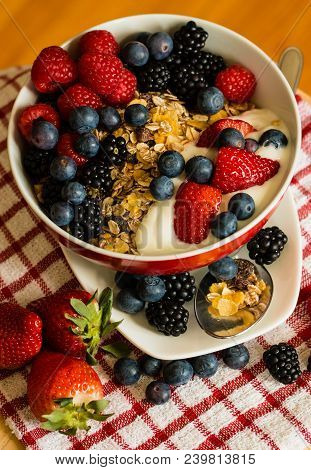 Healthy Breakfast Concept With Oat Flakes On Tablecloth