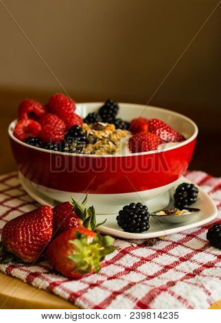 Healthy Breakfast Concept With Oat Flakes On Tablecloth