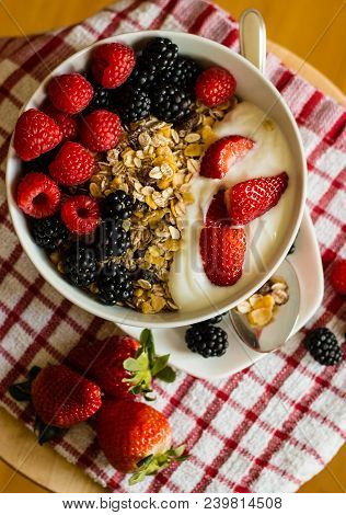 Healthy Breakfast Concept With Oat Flakes On Tablecloth