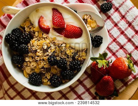 Healthy Breakfast Concept With Oat Flakes On Tablecloth