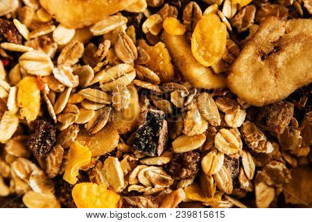 Macro View Of Muesli With Dried Banana And Raisin
