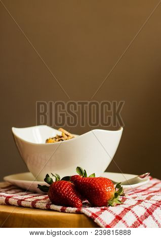 Healthy Breakfast Concept With Oat Flakes On Tablecloth