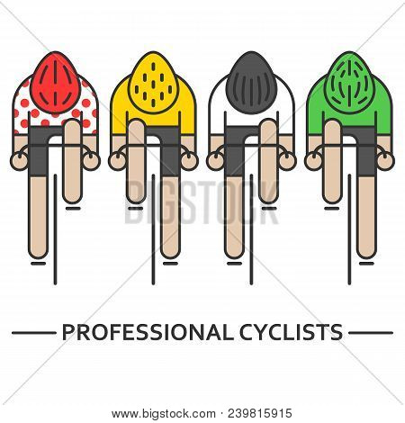 Modern Illustration Of Cyclists. Front View Of Bicyclists In Yellow, Green, White And Red Polka Dot 