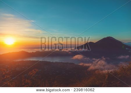 Morning View Of Mount Gunung Agung Volcano From Mt. Batur, Bali, Indonesia.