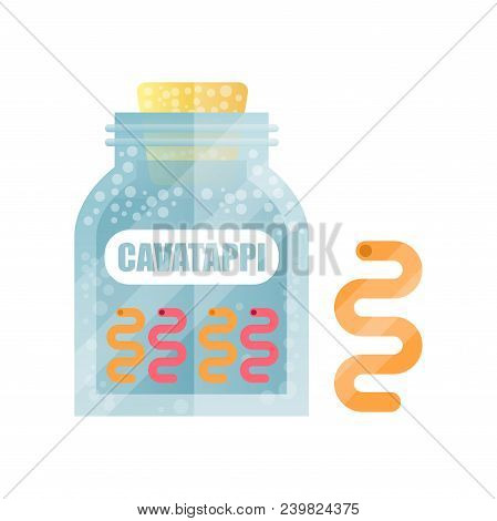Cavatappi Dry Pasta In A Transparent Glass Container With Lid And Name, Traditional Italian Cuisine 