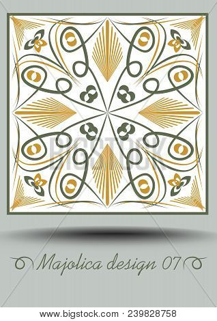 Faience Ceramic Tile In Nostalgic Ocher And Olive Green Design With White Glaze. Classic Ceramic Maj