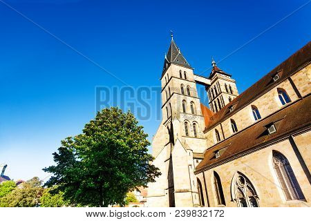 Low-angle View Of Saint Dionysius Church With Its Twin Bell Tower In Esslingen, Germany