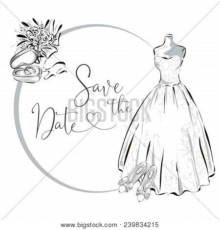 Wedding Clipart Set With Wedding Dress, Flowers And Wedding Rings, Black And White Wedding Greeting