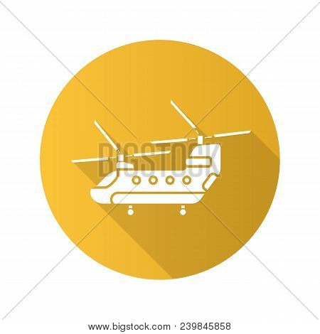 Military Helicopter Flat Design Long Shadow Glyph Icon. Chinook. Vector Silhouette Illustration
