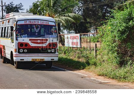 Goa, India - November 17, 2012: Bus Goes Along The Main Road To The Tourist Coast Of South Goa. Bus 