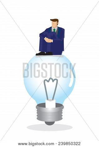 Sad Businessman Sitting On Top Of The Light Bulb. Concept Of Failure And The Lack Of Creativity. Vec